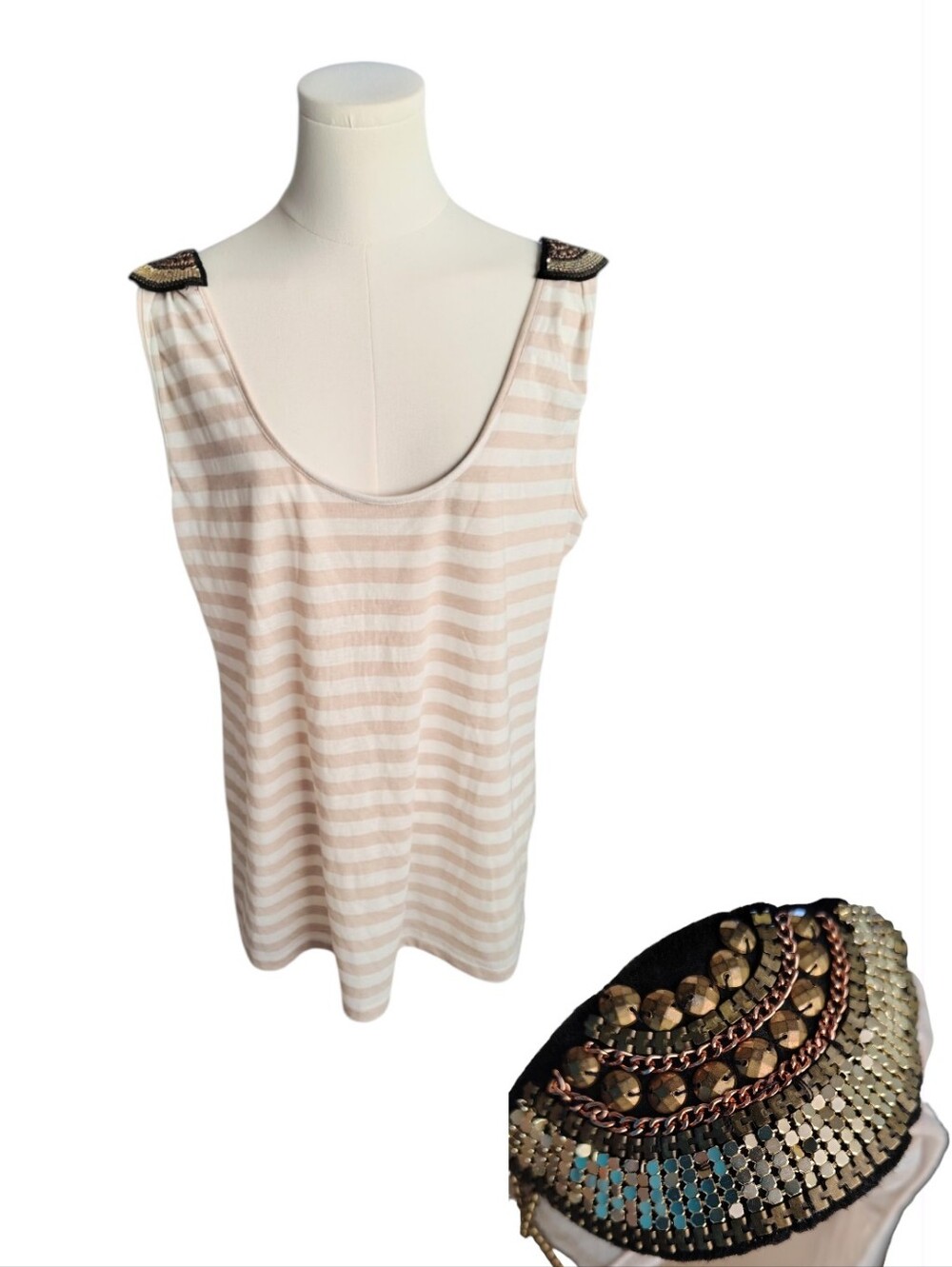 Kardashian Kollection Sears Oatmeal Striped Tank Top With Bronze Decor Size XL